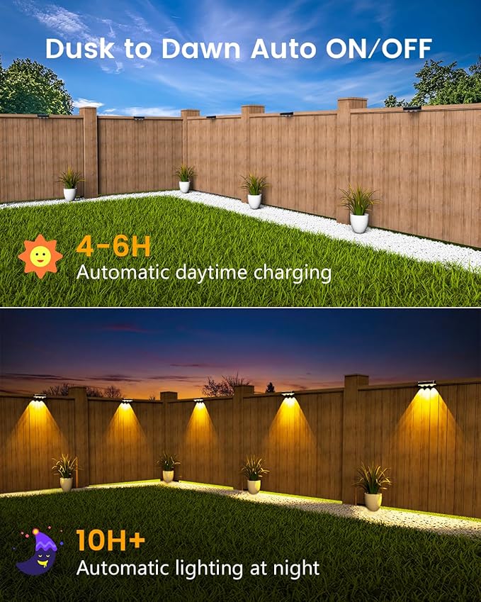 JOFIOS Solar Fence Lights Outdoor Waterproof Led, 2Pack,1300mAh,6 Inch Solar Lights for Fence with Warm White & RGB 8 Colors,Outdoor Solar Lights for Patio, Backyard, Deck, Railing (Black)