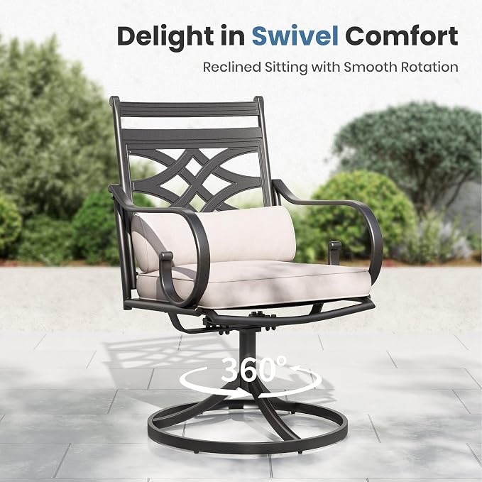 PHI VILLA Patio Dining Set, for 6, Swivel Chairs | E-Coated and Steel, Round Table, Beige, Umbrella Hole, 350 lbs Chair Capacity