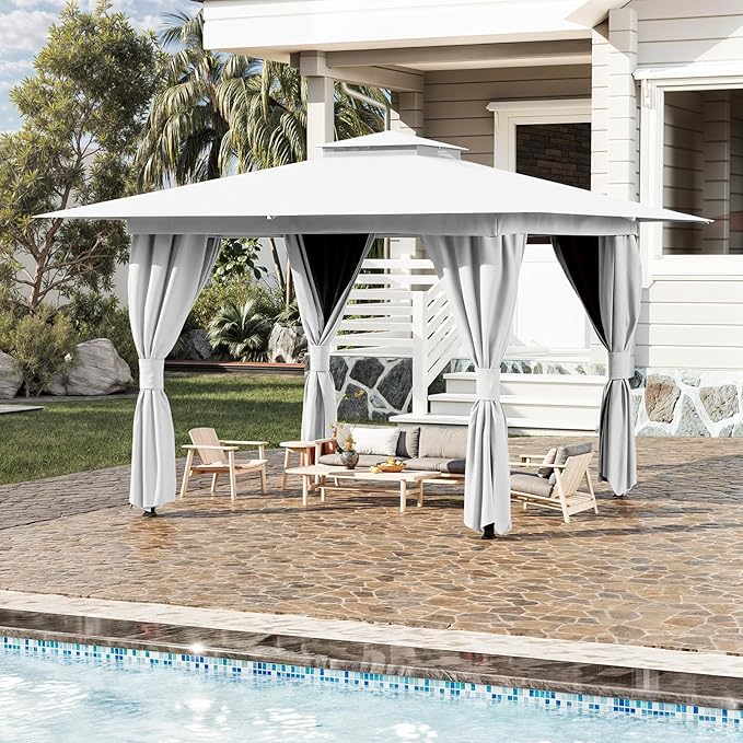 MELLCOM White 10'x10' Outdoor Gazebo for Patio, Heavy Duty Party Tent with Double Roofs, Outdoor Canopy with Curtains and Nettings for Deck, Lawn and Backyard