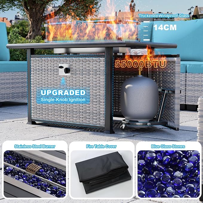 8-Piece Modern Patio Conversation Set with 55,000 BTU Fire Pit Table, Thick Cushions, Dual-Strand Wicker Rattan, Rust-Resistant Frame, Lake Blue