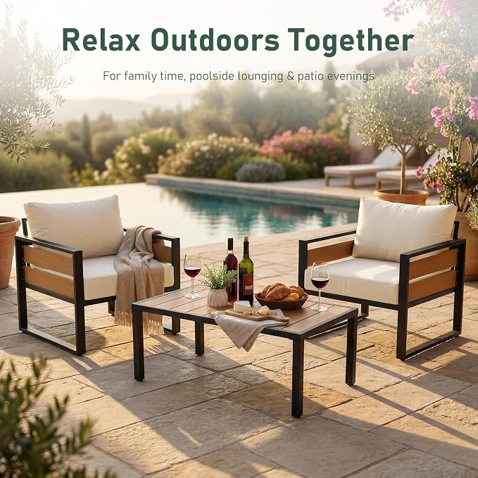 Furnimart Patio Furniture Set, 2-Piece Metal Outdoor Sectional, 2-Seat Patio Conversation Set with Deep Seating, Thick Cushions & Coffee Table for Backyard, Porch & Deck, Beige