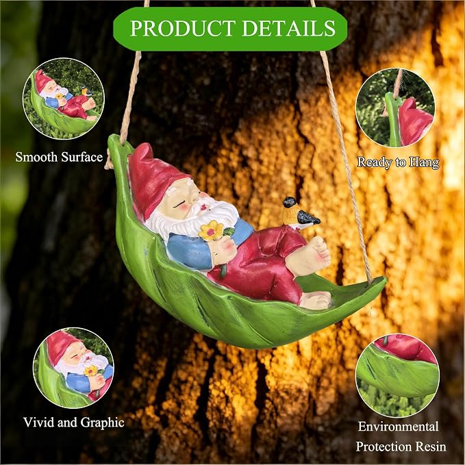 Garden Gnome Outdoor Statues for Garden Decor, Gnome Bird Flowers Resin Hanging Decorations Tree Ornaments Figurines for Outside Backyard Art Decor
