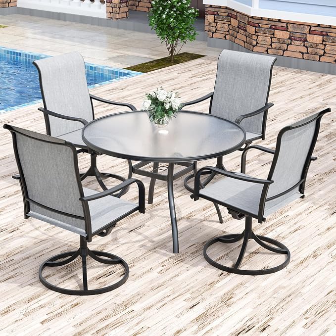 Anmutig 5-Piece Outdoor Patio Dining Set, 40" Round Glass Table with 4 Swivel Rocking Patio Chairs Furniture Set for Kitchen Garden, Backyard, Grey