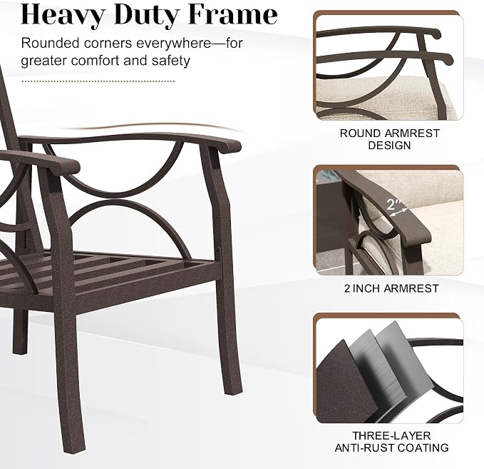 FansaFurn Outdoor Patio Furniture Set, 3 Pieces Metal Patio Conversation Set with Side Table for Porch Backyard Garden, Khaki