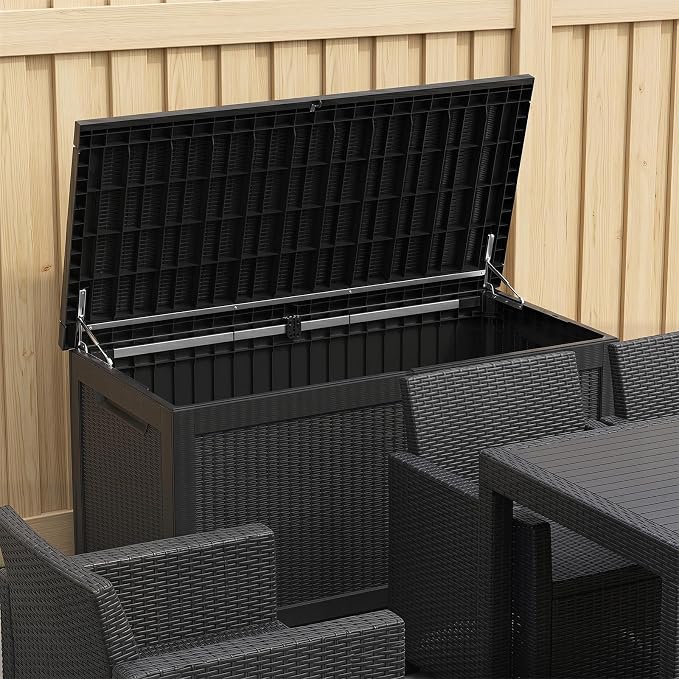 319 Gallon Extra Large Outdoor Storage Box, Waterproof Deck Box with Lockable Lid, Resin Outside Storage Box for Patio Furniture, Pool Accessories, Garden Tools, Storage Bench for Backyard,Porch,Black