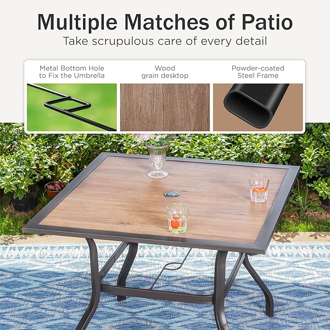 PHI VILLA 5-Piece Patio Dining Set for Outdoor, Patio Table and Chairs Set with Square Wooden-Like Table & Patio Folding Sling Chairs (Blue)