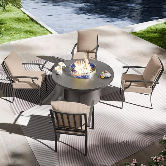 5 Piece Metal Outdoor Patio Furniture Set with 48" Round Propane Fire Pit, Outdoor Dining Table Set with 4 Fixed Chairs and 55000 BTU Outdoor Fire Pit, Sand