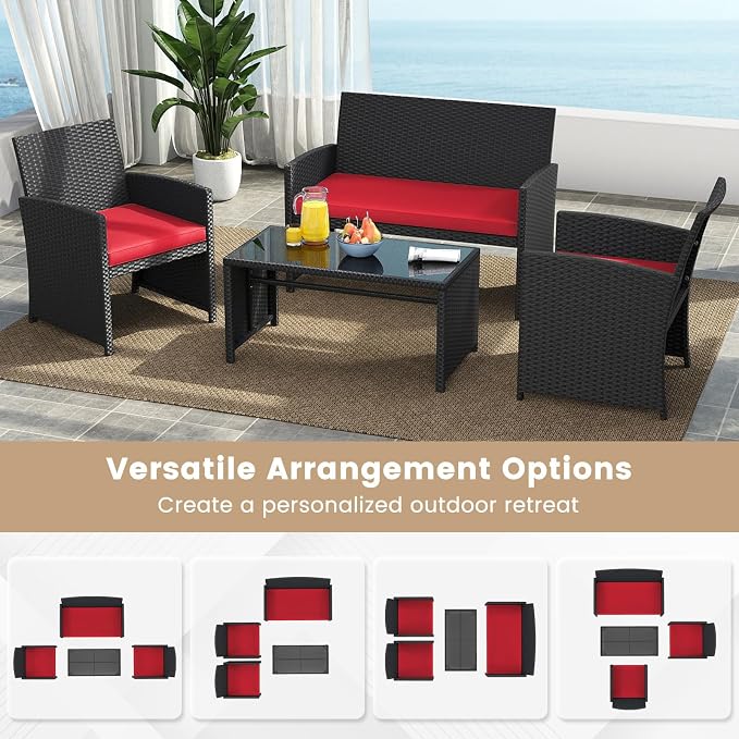 Tangkula 8 Pieces Patio Wicker Furniture Set, Outdoor Heavy Duty Rattan Cushioned Chairs, Loveseat and Tempered Glass Coffee Table, for Backyard, Balcony, Poolside