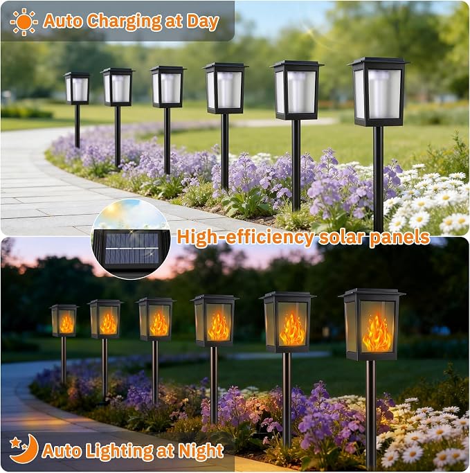 KYEKIO Gen2 Flickering Flame Solar Torch Lights, Large Solar Lights Outdoor | Waterproof for Halloween Decorations, Square Garden Lights Solar Powered, LED Tiki Torches for Outside, Yard Decor, 6 Pack