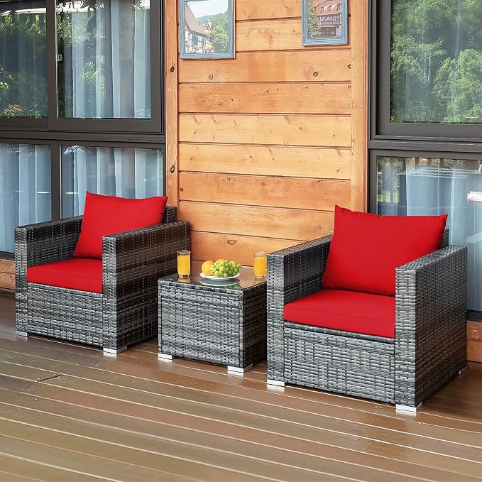 HAPPYGRILL 3-Piece Patio Conversation Set Outdoor Rattan Wicker Sofa Set with Coffee Table Patio Furniture Set with Soft Cushions for Balcony Porch Backyard Garden