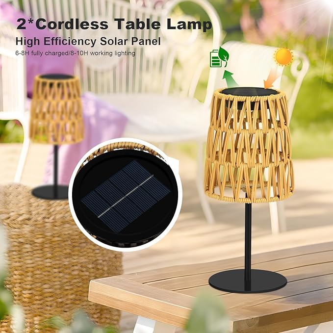 2pcs Outdoor Table Lamp: Rechargeable LED Solar Lantern for Garden Yard, Waterproof Solar Lights Outdoor Cordless Table Rattan Lamp, Small Deck Lamp for Balcony Patio,Gift for Women Mother Days