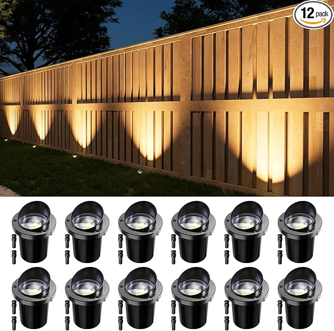 12 Pack Low Voltage In-Ground Lights with Glare Shield, 3000K Warm White LED Aluminum Paver Lighting, Waterproof 12-24V Outdoor Uplights for Driveway, Fence, Trees, Walls & Patio, Connectors Included