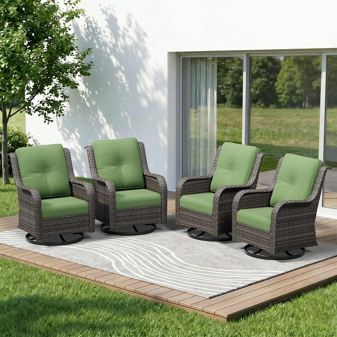 4 Piece Outdoor Swivel Rocker Patio Chairs Set, Patio Chairs Set of 4 with Thickened Olefin Cushions, High Back and Deep Seating, Hand-Woven PE Rattan for Porch, Deck, Green