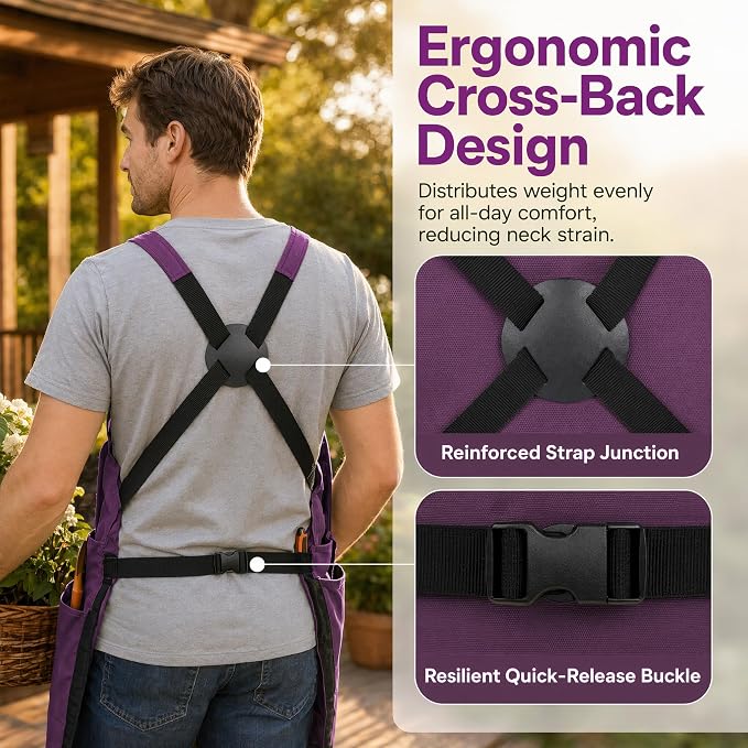 Gardening Apron with Pockets, Heavy Duty Canvas Harvest Apron | Front kangaroo-style pouch with bottom release for easy unloading, Cross-back fit, Canvas with Oxford lining