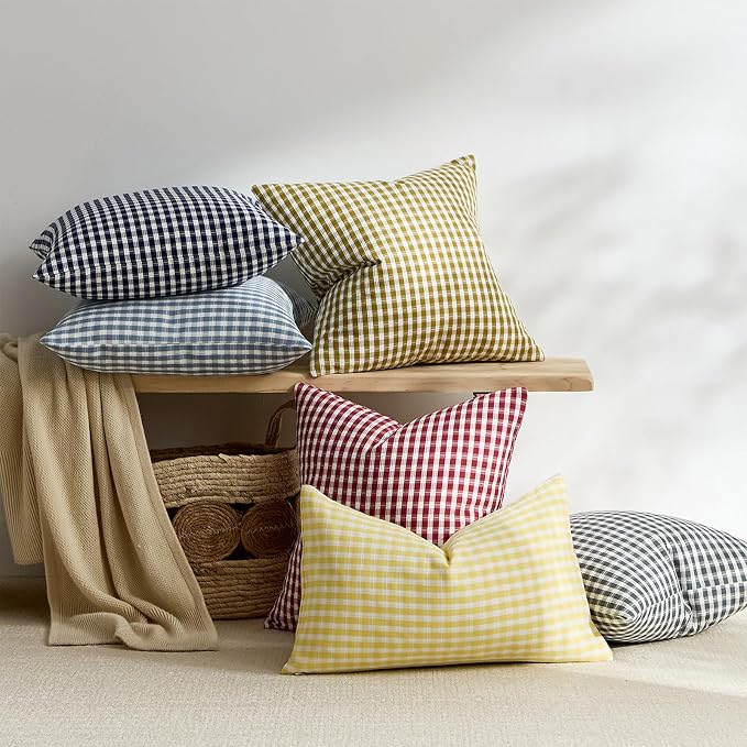 Summer Outdoor Throw Pillow Covers 18x18 Set of 2, Maroon Red Plaid Waterproof Pillow Cases Modern Gingham Farmhouse Decorative Cushion Covers for Couch Balcony Patio