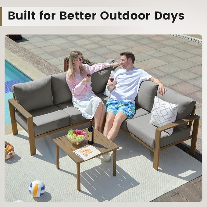 UDPATIO 6 Piece Patio Furniture Set, Metal Outdoor Sectional Sofa with 6" Thick Olefin Cushions, Wide Armrest & Coffee Table, L Shaped Outdoor Furniture for Garden, Backyard, Faux Wood Grain & Grey