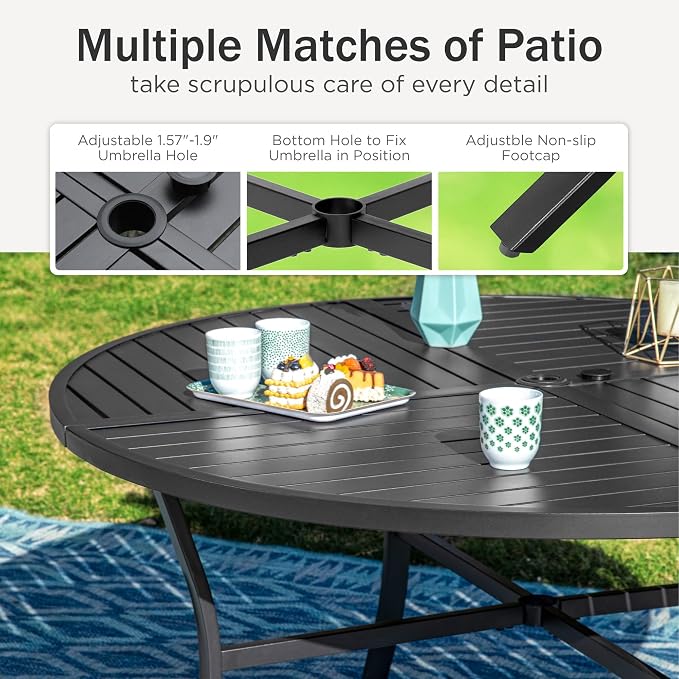 PHI VILLA 7 Pieces Patio Dining Set for 6, 52" Round Dining Table with Umbrella Hole & 6 Heavy Metal Wicker Chairs with Thick Cushions, Outdoor Table and Chairs for Deck and Garden