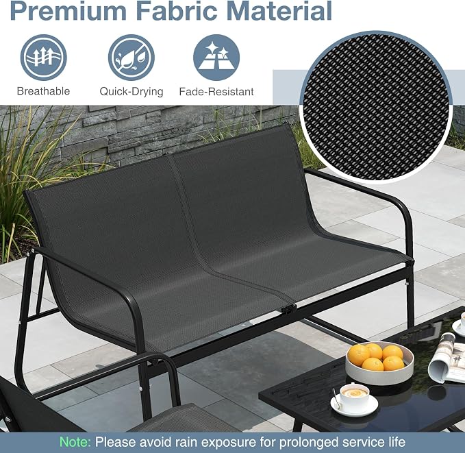 HAPPYGRILL 4 Pieces Patio Conversation Set, Fabric Lawn Chairs and Loveseat with Tempered Glass Coffee Table, Heavy Duty Metal Frame, Outdoor Furniture Set for Porch, Garden and Poolside