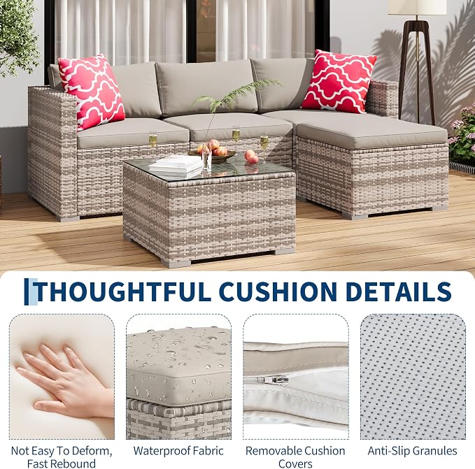 GAOMON 5-Piece All-Weather Patio Furniture Set, Convertible Outdoor Sectional Sofa with Ottoman & Tempered Glass Table, PE Rattan Conversation Set for Garden, Backyard, Porch, Poolside