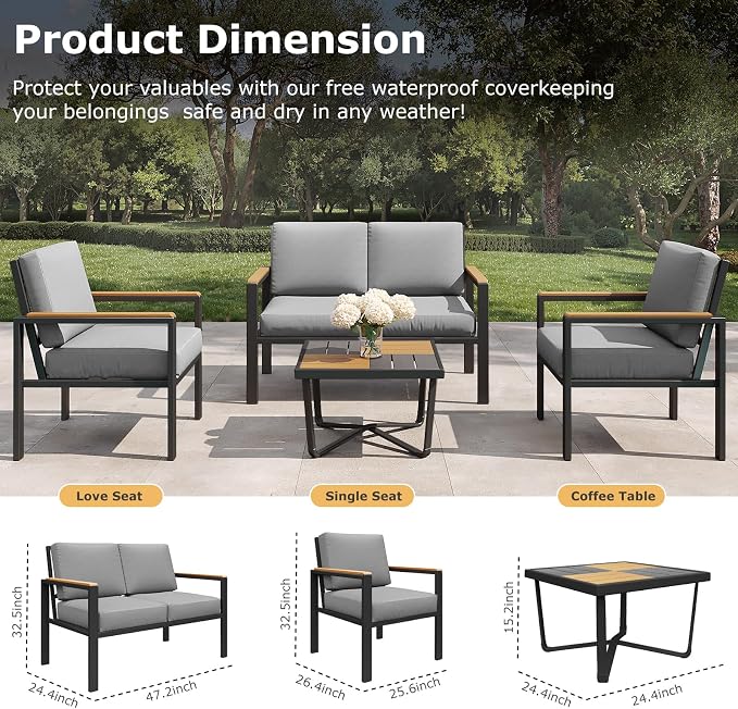 4-Piece Outdoor Patio Furniture Set, Metal Conversation Sofa Set with Deep Cushions & Wood-Like Armrests, Modern Patio Seating with Coffee Table for Garden, Porch, Balcony, Backyard (Grey)