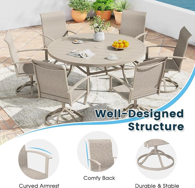 9 Pieces Outdoor Patio Dining Table Set, 63" All Weather Round Metal Table with Umbrella Hole and 8 High Back Textilene Swivel Chairs for Garden, Lawn, Poolside, Sandshell