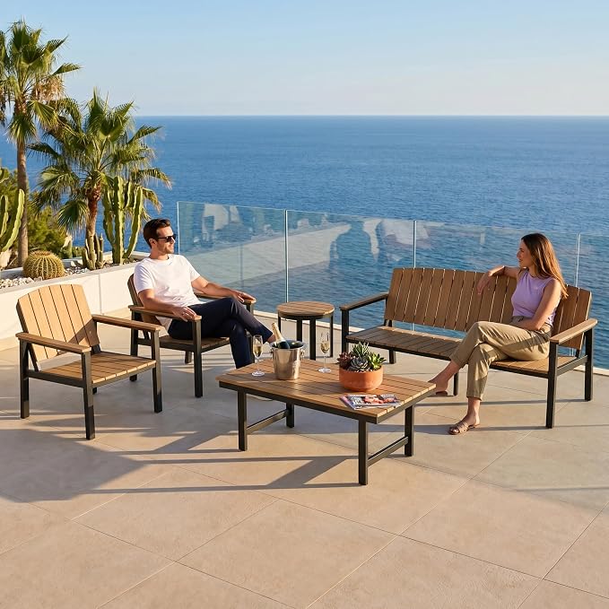 2 Pieces Aluminum Patio Furniture Armchair, All-Weather Outdoor Armchair Aluminum Frame HDPS Faux Wood, Patio Sofa Couch Set of 2 for Porch, Balcony, Deck, Yard Nature Wood