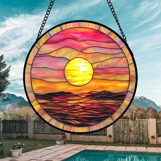 DASTOLL Stained Glass Window Hanging, Sunrise Sea Surface Sun Catchers Diamond Glass Panel Hangings Abstract Suncatcher Decor for Birthday for Women, Men, Wife, Aunt, and Mom 14.9 in