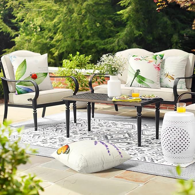 Outdoor Pillows Waterproof Garden Decoration Bee Butterfly Dragonfly Ladybug Pillow Case Leaf Lavender Flower Decorative Throw Pillow Covers 18 x 18 Inches Set of 4 outdoor pillow covers 18x18