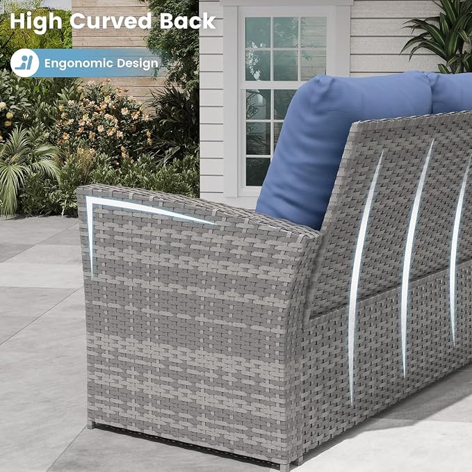 UDPATIO Patio Furniture Set, Outdoor Furniture Sets with Loveseats Sofa, Wicker Rattan Outdoor Conversation Set with Storage CoffeeTable for Backyard, Deck, Porch, Grey/Navy