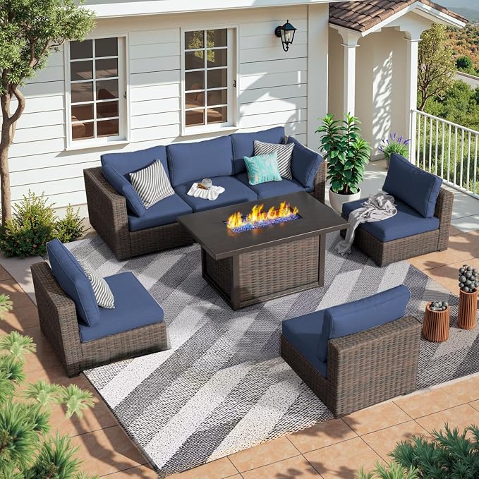 Patio Furniture Set 7 Pieces with 44" Fire Pit Table, Rattan Outdoor Sectional Conversation Sets, All Weather Outdoor Furniture Set with Cushions for Garden Lawn Balcony Porch Deck Blue