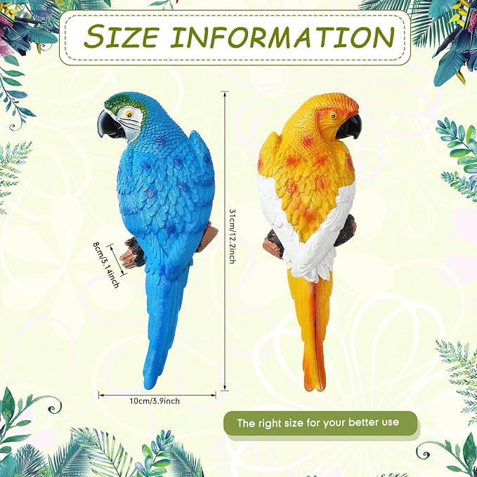 Jetec Parrot Decor Outdoor Tiki Bar Decor Large Realistic Parrot Statues Outside Lifelike Bird Sculptures Garden Patio Yard Lawn Figurines for Tropical Animal Tree Wall(2 Pcs,Blue, Yellow)
