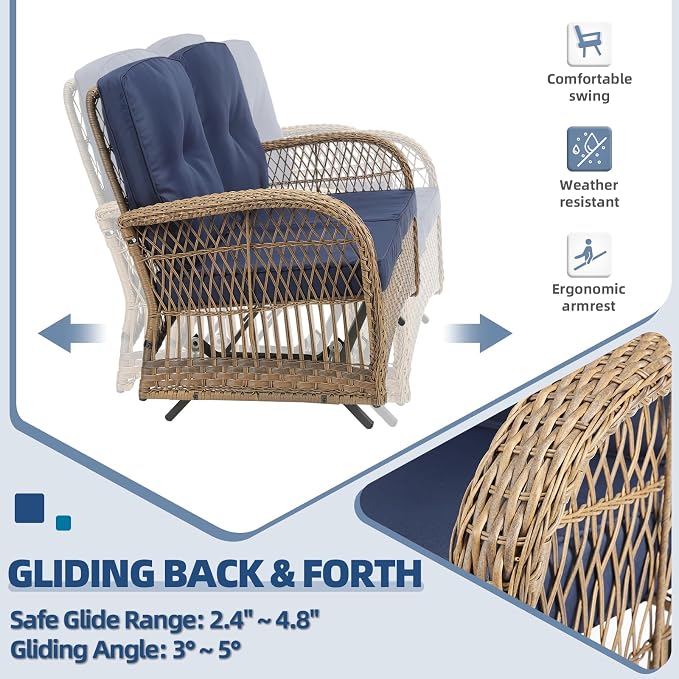 5-Piece Wicker Patio Furniture Sets Outdoor All-Weather Rattan Conversation Set Includes Glider Loveseat, 2 Glass-Top Coffee Tables, 2 Swivel Rocking Chairs for Porch Backyard, Navy Blue
