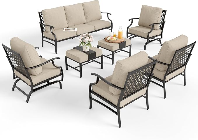 MIXPATIO Patio Furniture Set 7 pcs, Outdoor Patio Furniture, 3-Seat Sofa, 2 Single Chairs, 2 Rocking Chairs, 2 Ottomans and 5.75" Extra Thick Cushion, Patio Conversation Set for Backyard Deck,Beige