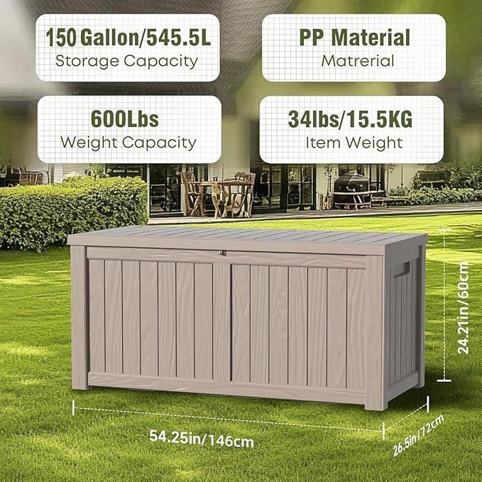 PatioZen 150 Gallon Deck Box,Resin Outdoor Storage Box with Lockable for Patio Furniture, Pool Tools, Garden Tools Waterproof Outside Storage Box, Grey