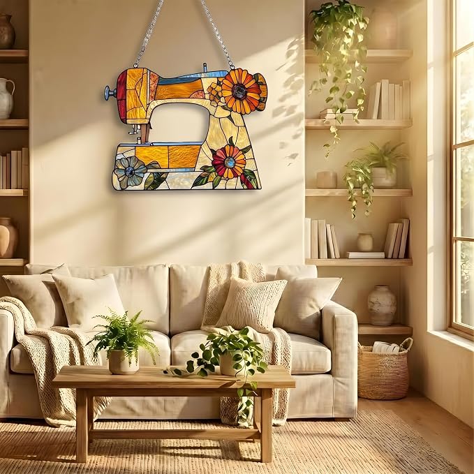 Sewing Machine Acrylic Suncatcher, Boho Suncatchers for Window Hanging Ornament, Stained Glass Effect Art Garden Decor for Sewing Lover, Gifts for Mother's Day, Mom, Grandma, Wife, Women, Nana