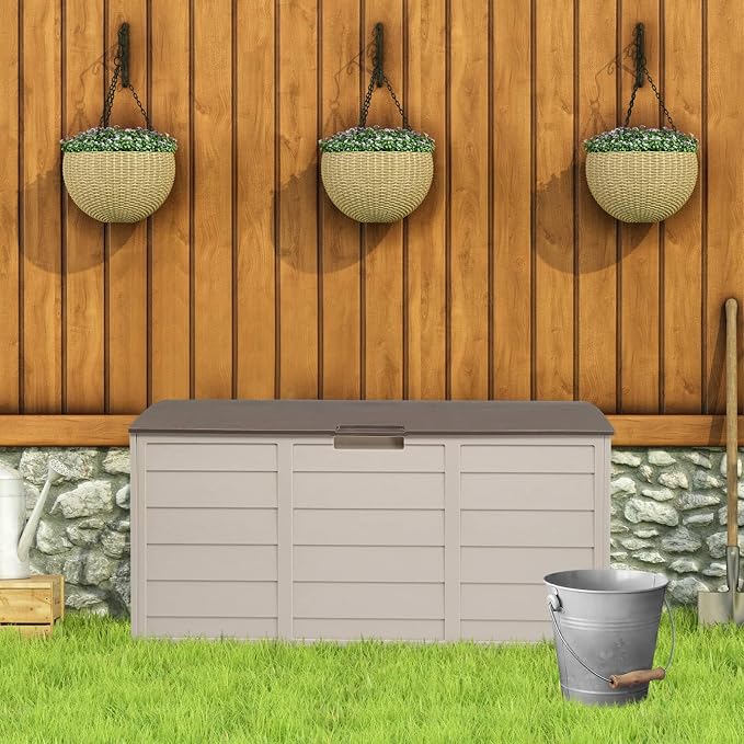 75 Gal Large Outdoor Storage Box, Deck Box with Lockable Lid, Patio Storage Box Storage Bin with 2 Wheels for Indoor Outdoor Furniture, Garden Tools, Easy Assembly (Brown)