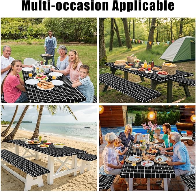 Smiry Picnic Table Cover with Bench Covers, Waterproof Elastic Fitted Tablecloth for 8 Foot Tables, Washable Polyester Tablecloths for Camping, Indoor & Outdoor (Black & White, 30x96 Inch 3-pc Set)