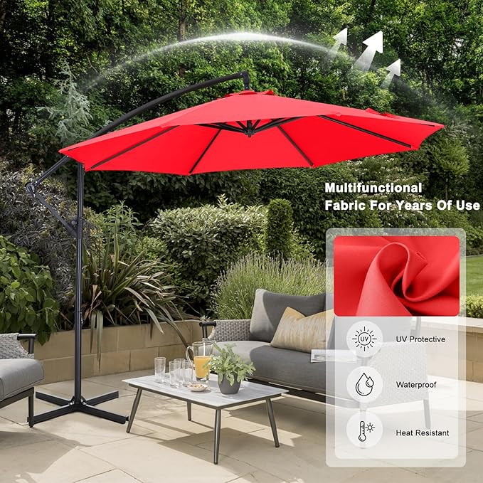 ABCCANOPY 10FT Cantilever Patio Umbrella with base included, 360° Rotation Outdoor Offset Umbrella for Backyard, Deck, Poolside (Red)