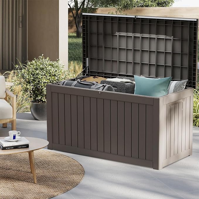 230 Gallon Outdoor Deck Boxes, IP68 Waterproof Outdoor Storage Box with Hydraulic Lid Support, Outside Resin Container for Furniture, Toy, Shoe, Garden & Patio Tools Storage -Brown
