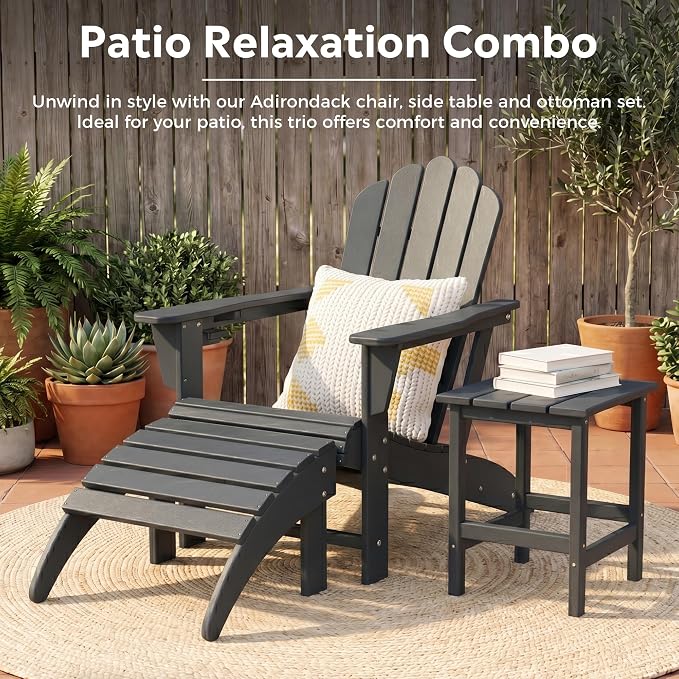 Costaelm Lakeview 2-Piece Outdoor Patio HDPE Adirondack Chair with Ottoman and Cup Holder Set, Gray