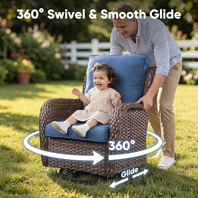 Belord 4 Piece Patio Wicker Furniture Set, Outdoor Swivel Rocker Chairs, All Weather Outdoor Patio Loveseat Set with Fire Pit Table for Deck Porch, Brown Wicker/Blue