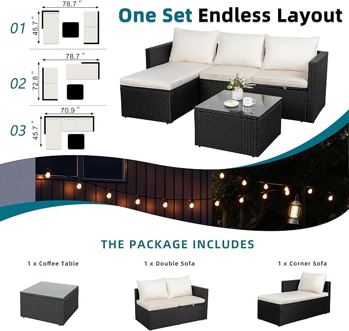 SUNLEI 3 Piece Patio Furniture Set, Outdoor PE Rattan Sectional Sofa Set with Ottoman, Detachable Cushions and Glass Coffee Table, Patio Conversation Set for Backyard Balcony Porch, Black/White
