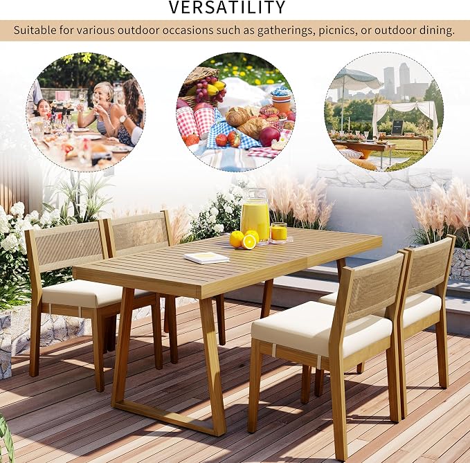 RUNNA Modern Acacia Wood Outdoor Dining Table and Chairs Set with Thick Cushions, Elegant Patio, Balcony, Garden Furniture for Entertaining (Beige-A2)