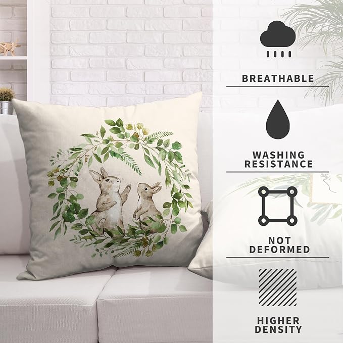 He is Risen Easter Cross Throw Pillow Covers 18x18 Set of 2 Easter Bunny Rabbit Pillow Case Spring Green Wreath Decorative Cushion Case for Living Room Couch Patio