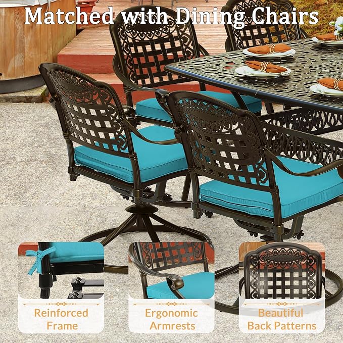 9 Piece Outdoor Patio Dining Set for 8, Cast Aluminium Large Square Dining Table & 8 Swivel Rocker Chairs with Removable Cushions, Umbrella Hole, Patio Furniture Set for Garden, Ocean Blue