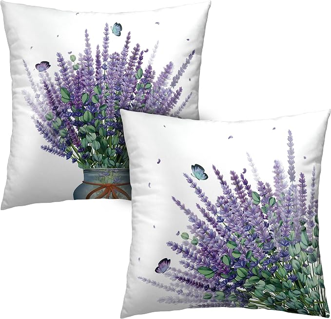 Spring Summer Floral Pillow Covers 20x20 Purple Lavender Decorative Pillow Covers Flowers and Butterflies Farmhouse Pillowcases for Outdoor Living Room Garden Sofa Set of 2