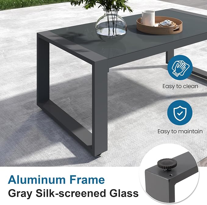 Aluminum Outdoor Patio Furniture Set with Height-adjustable Footrest for Lawn Porches Patio, 4-Seats All-weather Patio Sofa Sets with Coffee Table, Modern Outdoor Patio Conversation set, Grey