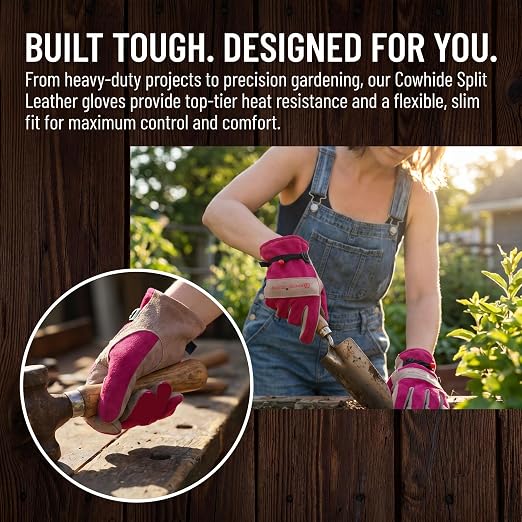 Leather Gardening Gloves for Women-Best Gift for Gardeners.Pink M | Welding, Construction, Chainsaw, Farm, Weeding Gloves, Cowhide, Soft Lining, Breathable, Utility, Firm Grip, Wear Resistant