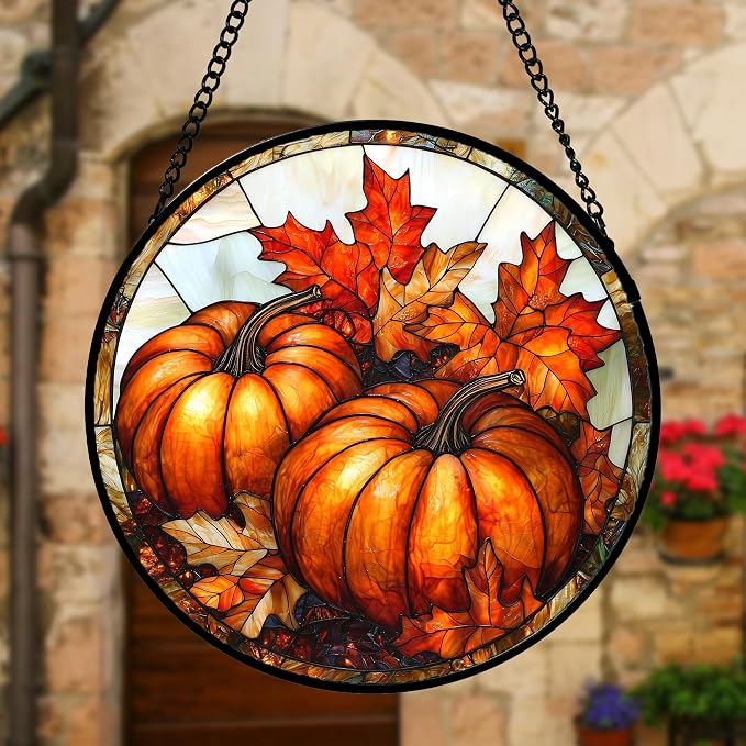 DASTOLL Stained Glass Window Hanging, Pumpkin Maple Leaf Suncatcher for Doors Home Sun Catchers Decoration and Christmas, Mother's Day Birthday Gifts for Women, Men, and Mom 6.3 in