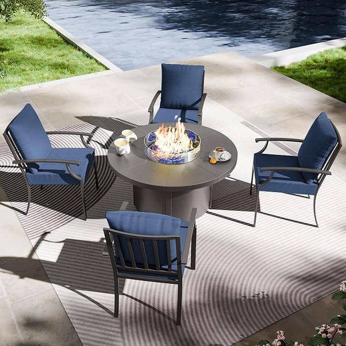 5 Piece Metal Outdoor Patio Furniture Set with 48" Round Propane Fire Pit, Outdoor Dining Table Set with 4 Fixed Chairs and 55000 BTU Outdoor Fire Pit, Navy